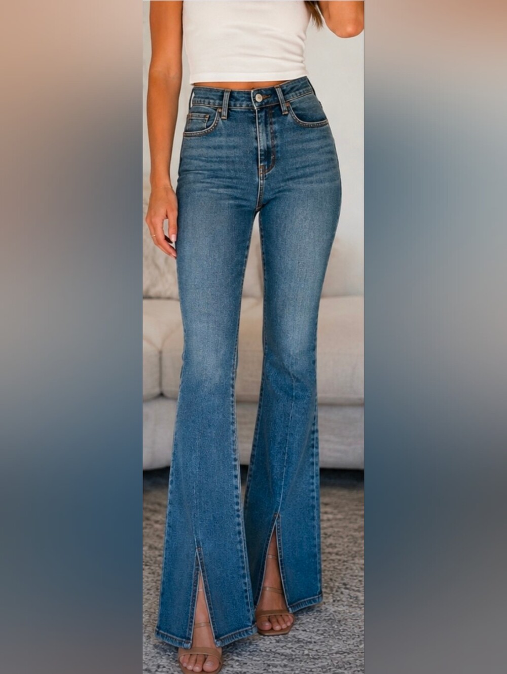 High-Rise Blue Split-Hem Flare Jeans